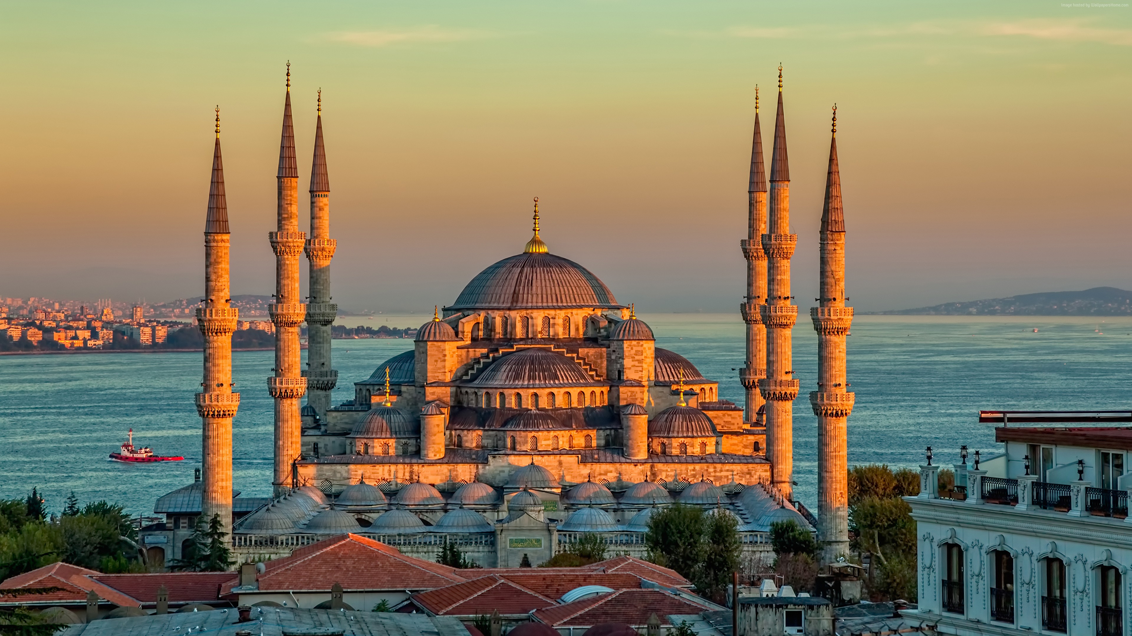 Wallpaper Sultan Ahmed Mosque, Turkey, Istanbul, sunrise, 4k, Travel